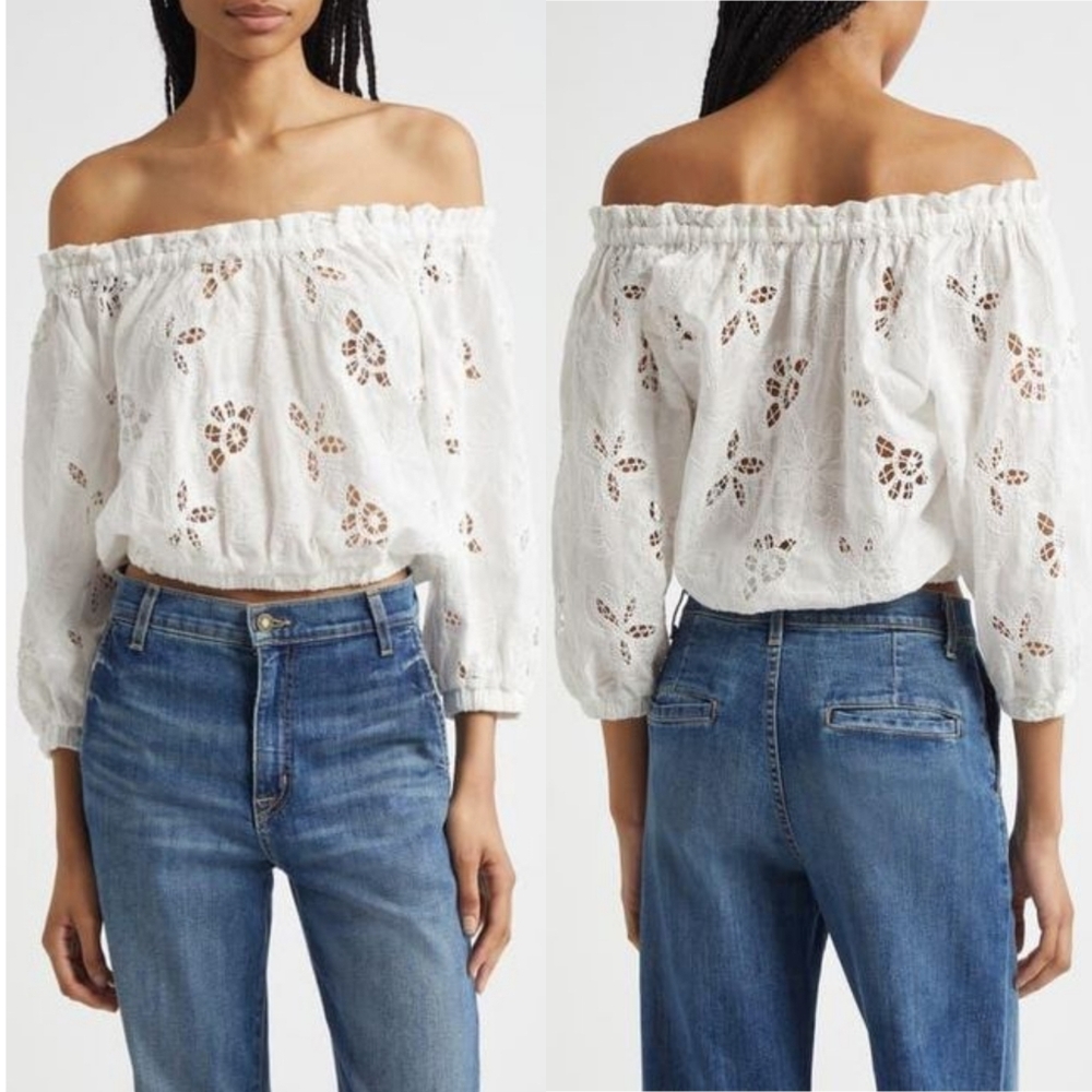 Ramy Brook White Off-Shoulder Eyelet Crop Top